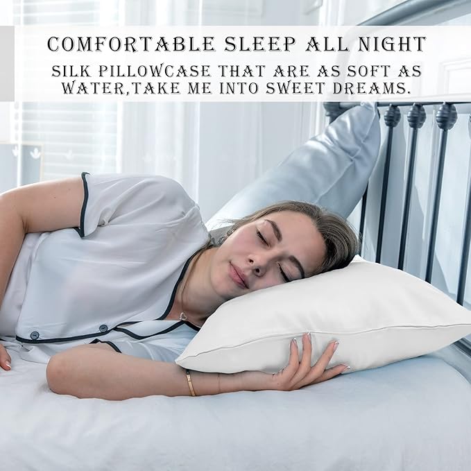 Silk Body Pillowcase Mulberry Silk Pillow Cases with Zipper Soft Breathable Smooth Cooling 20x54 inches Pillowcase for Sleep (White,20"X 54",1Pcs)