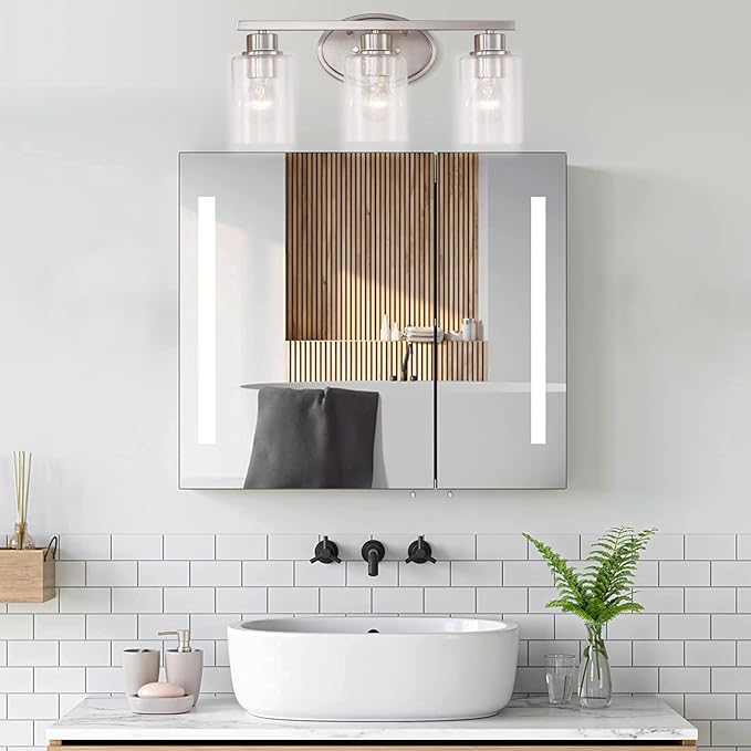 Bathroom Vanity Light Fixtures Over Mirror, Seeded Glass Bathroom Vanity Light, 3 Light Brushed Nickel Bathroom Light Fixtures with Clear Glass, Modern Rustproof Vanity Light Wall Mount