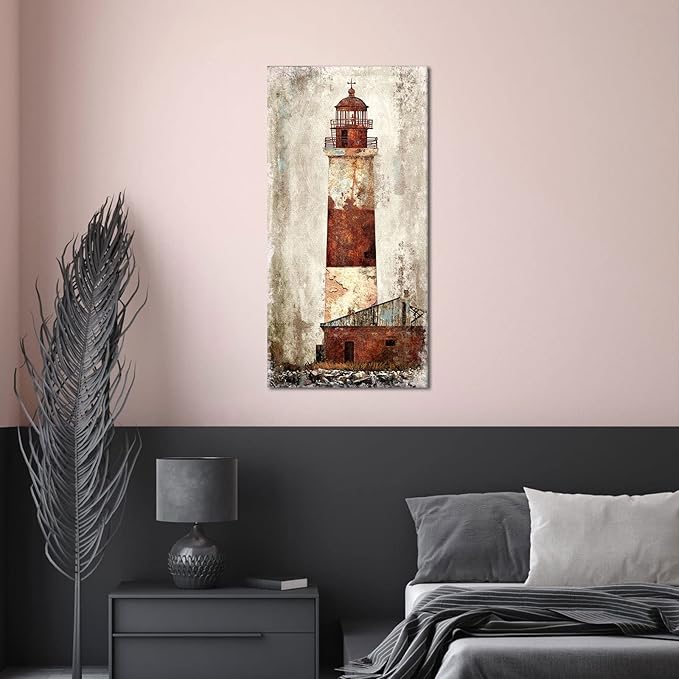 Visual Art Decor Rustic Coastal Picture Rustic Lighthouse Canvas Wall Art Retro Nautical Prints Artwork for Home Living Room Bedroom Office Decoration Ready to Hang Large 24"x48"