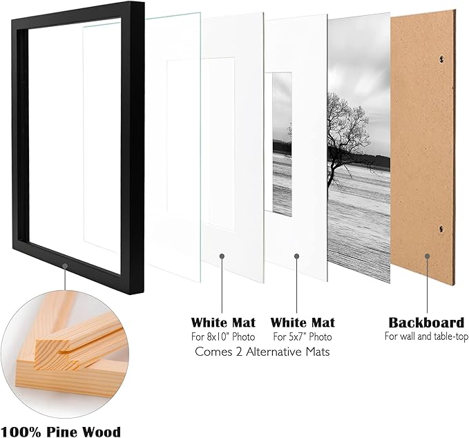 Egofine 11x14 Picture Frames Made of Solid Wood 6 PCS Black Covered by Plexiglass - for Table Top and Wall Mounting for Pictures 8x10 or 5x7 with Mat Horizontally or Vertically Display Photo Frame