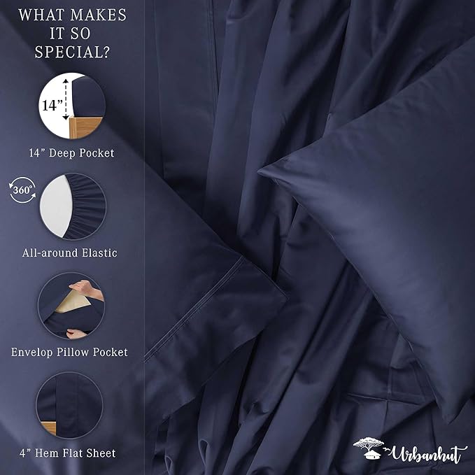 URBANHUT 700 Thread Count Twin Size Egyptian Cotton Sheets, 4Pc Sheet Set Soft Luxury Bed Sheets for Twin Size Bed, Sateen Weave Hotel Sheets, 14'' Elasticized Deep Pocket - Navy Blue