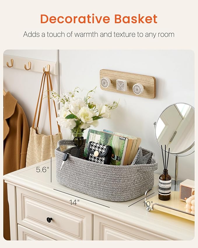 KALLAX Small Woven Basket, 14 x 10 x 5.6 Inches, Small Storage Baskets for Organizing, Gift Baskets Empty, Cute Rope Shelf Closet Storage Bins for Shelves, Dog Toy Basket, Mixed Grey