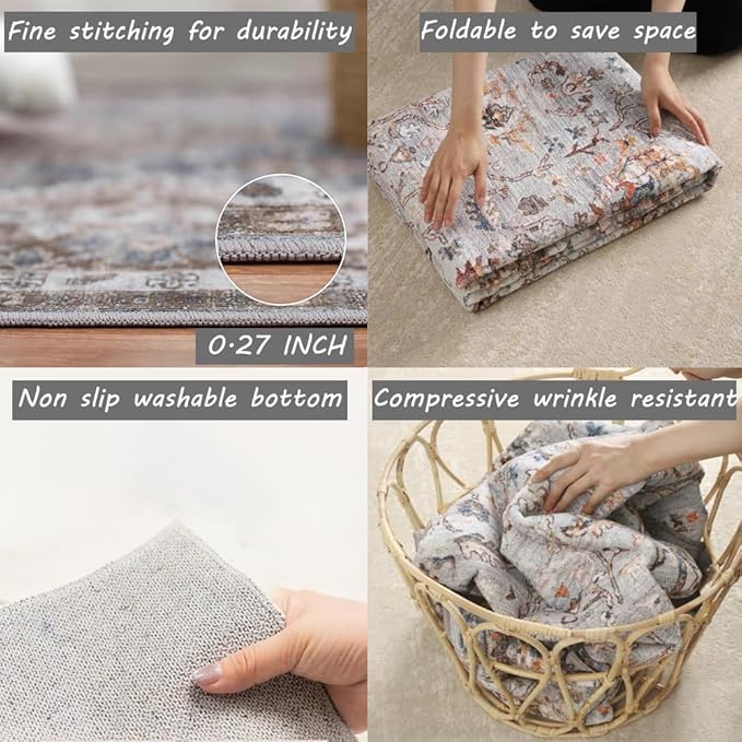 Washable Area Rug 8x10 Boho Chic Medallion Distressed Design Non-Shedding Easy Care Ideal for High Traffic Areas in Living Room Bedroom Office Coffee Table Large Carpet