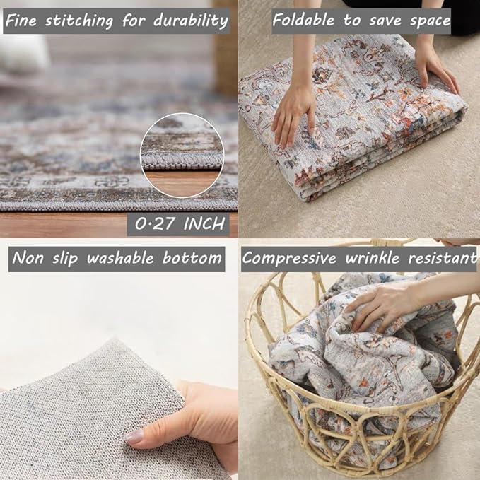 Area Rug 4x6 Washable Rug Gray Vintage Traditional Floor Cover Foldable Thin Retro Accent Indoor Distressed Non Slip Carpet Floral Print Mat Bedroom Living Room Bathroom