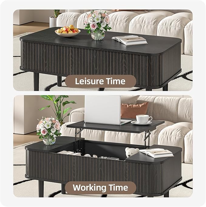 Coffee Table Lift Top, Fluted Coffee Table with Storage, Black Coffee Tables for Living Room, Modern Center Table with Metal Legs