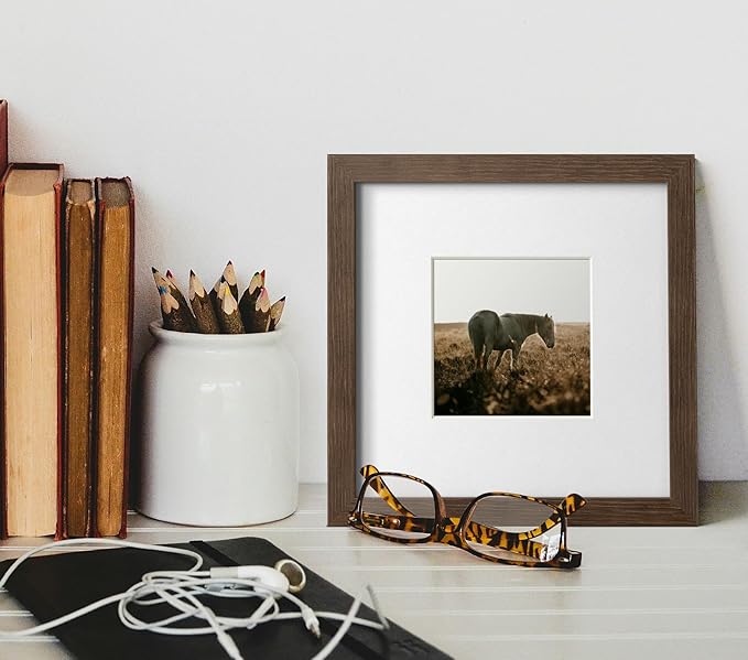 Yaetm Square 8x8 Picture Frame – Brown Walnut, Rustic Solid Wood Frame 8x8 with Tempered Real Glass, Display 4x4 Photo with Mat or 8 x 8 Art Print without Mat, Wall Mount (3 Pack, Walnut)