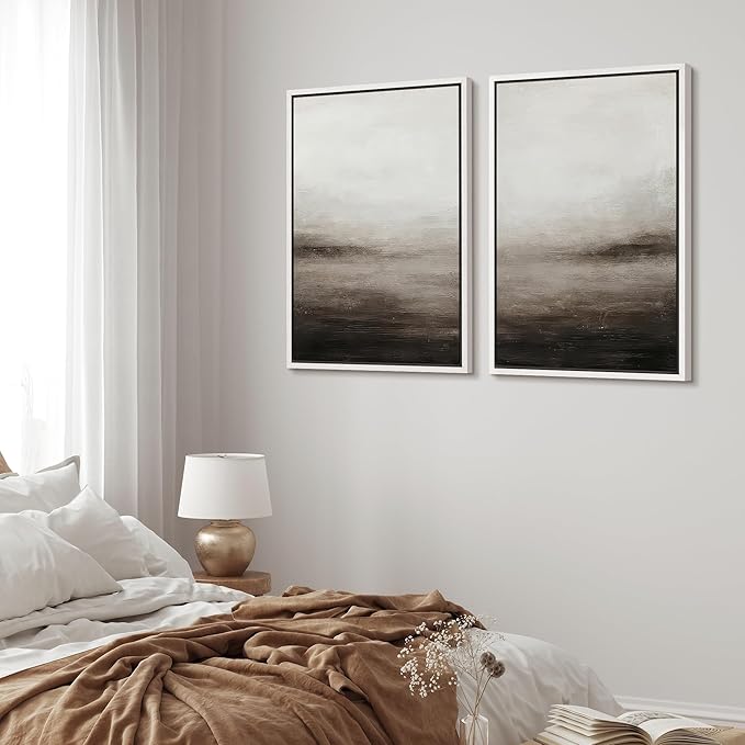 MUDECOR Framed Canvas Print Wall Art Neutral Abstract Modern Minimalist Landscape in Beige and Gray Illustrations Modern Art Decorative Bohemian for Living Room, Bedroom, Office - 16"x24"x2 White