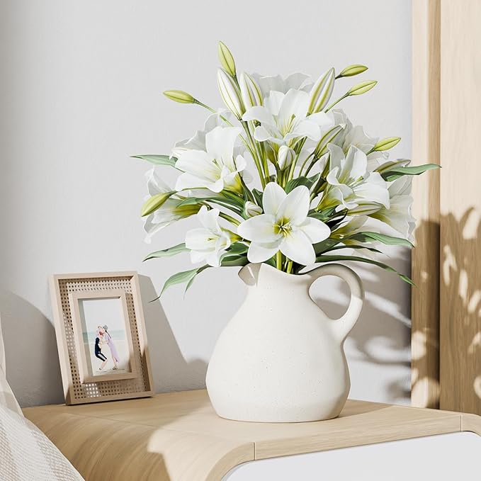 White Ceramic Pitcher Vase with Handle, Modern Farmhouse Jug Flower Vase for Home Decor, Centerpieces for Table, Living Room, Bedroom, Rustic Boho Decoration