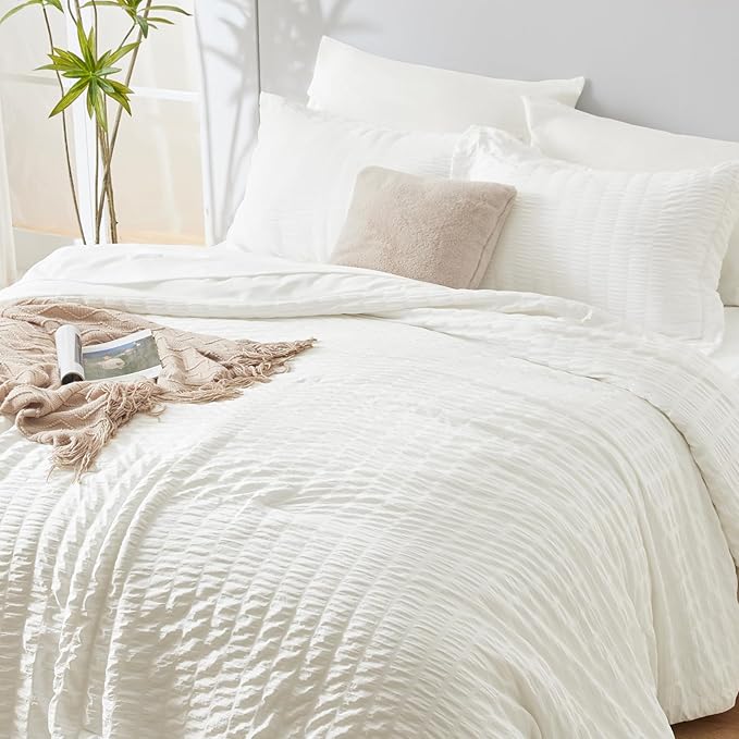 CozyLux Queen Comforter Set Ivory Seersucker 7 Pieces Bed in a Bag Queen Comforter Set with Sheets, Luxury Soft Bedding Set with Down Alternative Comforter, Sheets, Pillowcases & Shams for All Seasons