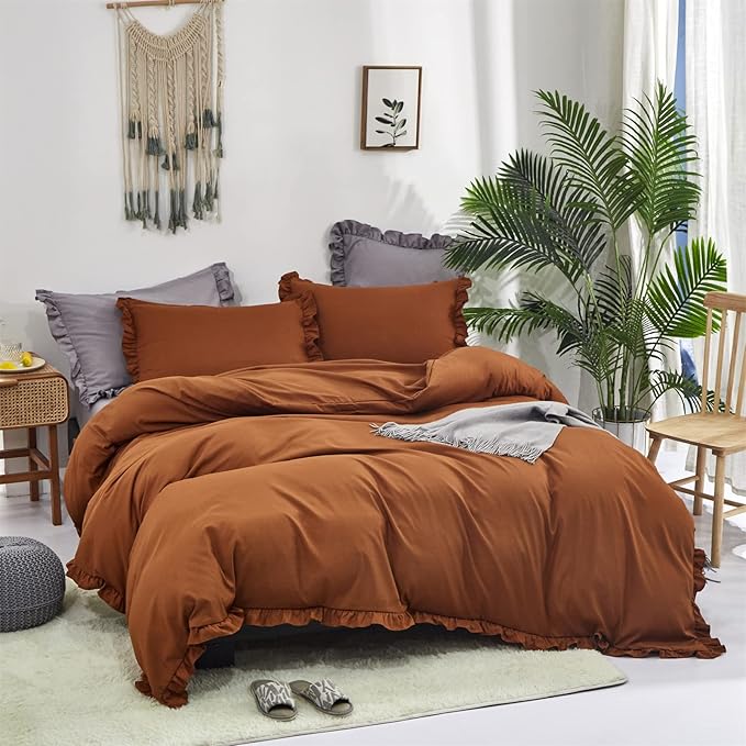 Luxlovery Ruffle Pumpkin Comforter Set King Farmhouse Rust Terracotta Bedding Comforter Set Shabby Boho Solid Cotton Blanket Quilts Vintage Rustic Pumpkin Bedding Set for King Bed