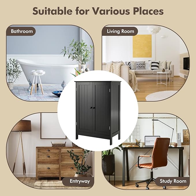 GLACER Bathroom Floor Cabinet, Wooden Storage Cabinet with Double Doors, Suitable for Bathroom, Living Room, Entryway, 23.5 x 14 x 34 inches (Black)