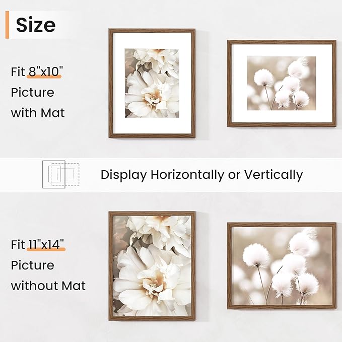 11x14 inch Picture Frame, 11x14 Photo Frames with 8x10 Removable Mat - High Definition Plexiglass - Vertical and Horizontal Display - Wall Hanging Frame - Walnut Color, 12 Pack