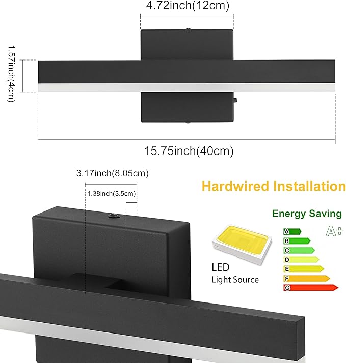Black Bathroom Vanity Light 15.75 inch, 12W Dimmable 5CCT LED Modern Bathroom Light Fixture Over Mirror - ETL Certificated
