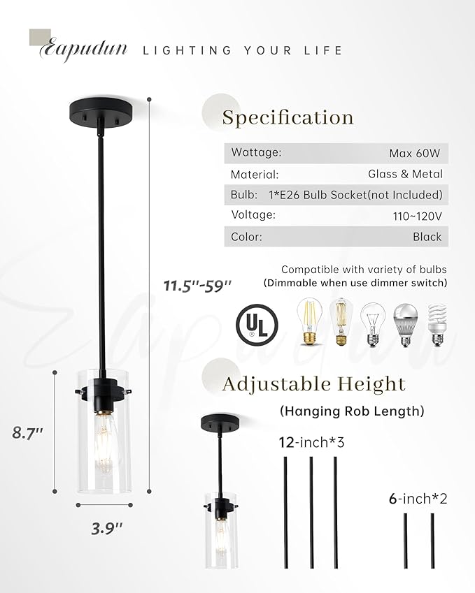 EAPUDUN Pendant Lights (2 Packs), Hanging Lights Fixtures, Clear Glass Shade Kitchen Lighting, Matte Black Farmhouse Kitchen Dining Table Ceiling Lights -PDA1353-B-MBK