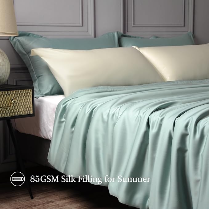 CUDDLE DREAMS Lightweight Silk Filled Comforter for Summer, Detachable Tencel Duvet Cover for Easy Care, Naturally Breathable (Celadon, Twin)