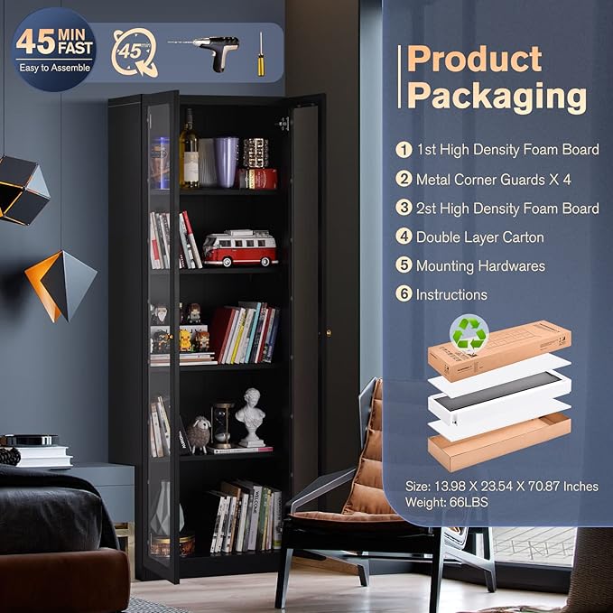 Metal Curio Storage Cabinet with 4 Adjustable Shelves and Acrylic Door, 72" Dust Proof Display Cabinet, 5 Tier Bookcase for Home Office, Living Room, Pantry