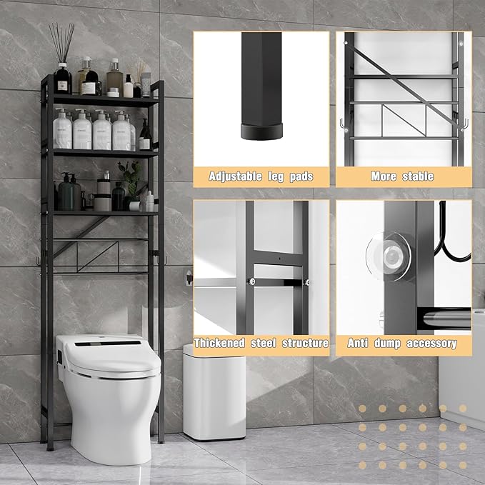 Over The Toilet Storage Cabinet, Metal 3 Tier Bathroom Organizer Shelf, Stable Freestanding Above Toilet Stand, Black