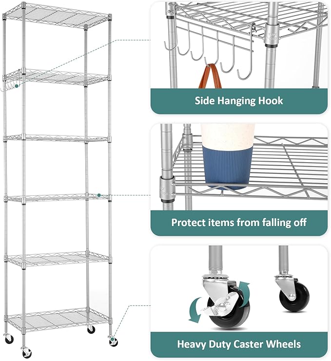 Homdox 6-Tier Storage Shelf Wire Shelving Unit Free Standing Rack Organization with Caster Wheels, Stainless Side Hooks, Silver Gray