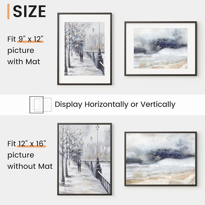 12x16 inch Metal Picture Frame - 12 x 16 Thin Aluminum Photo Frames with 9x12 Removable Mat - High Definition Plexiglass - Vertical and Horizontal Display - Wall Hook Hanging Hardware Included - Black, Set of 1