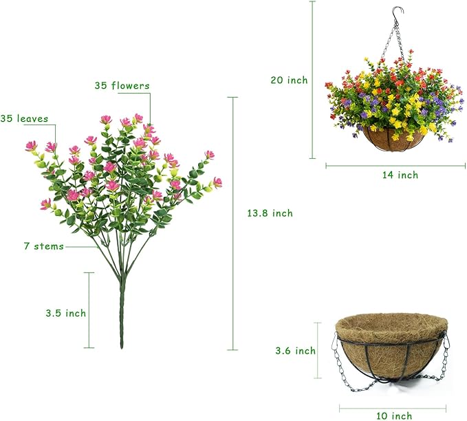 Artificial Hanging Plants Flowers with Basket for Spring Summer Outdoor Decoration, Yellow Purple Pink Red