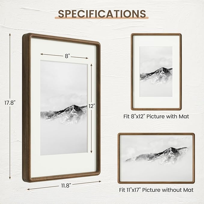 11x17 Picture Frame, Solid Walnut Wood Frame with Real Glass, Hard Wood 11 by 17 Photo Frame for Wall & Tabletop Display, 11x17 Picture Frame Matted to 8x12, Natural Walnut Color
