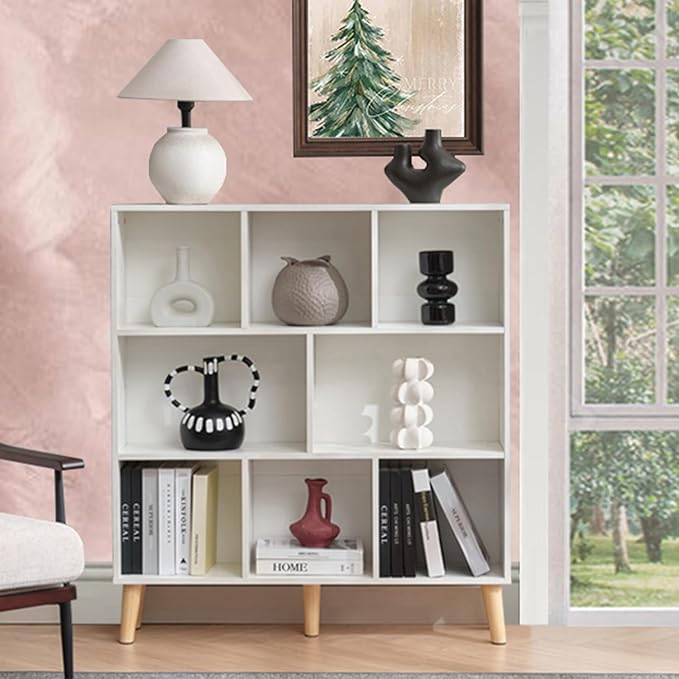 8 Cube Wood Bookshelf, 3 Tier Modern Bookcase with Legs, Open Display Cubby Bookshelf Freestanding Book Shelves for Home Office, Living Room, Bedroom, Brown