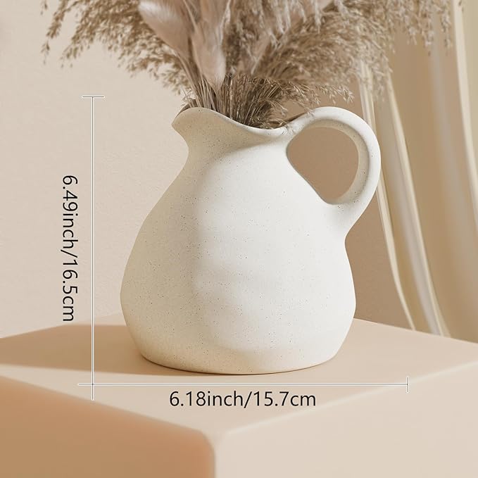 White Ceramic Pitcher Vase with Handle, Modern Farmhouse Jug Flower Vase for Home Decor, Centerpieces for Table, Living Room, Bedroom, Rustic Boho Decoration