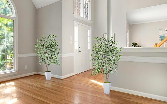Artificial Ficus Tree 5ft, Faux Plant with White Tall Planter, Fake Ficus Leaves Plants in Pot, Artificial Floor Trees for Home Living Room Office Bedroom Foyer Porch Decor Indoor