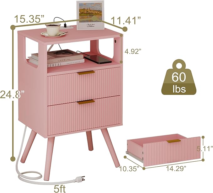 Pink Nightstand with Charging Station and LED Lights,Modern Bedside Table with 2 Storage Drawer and Open Wood Shelf, for Bedroom and Small Spaces,Night Stand with Solid Wood Legs,Pink