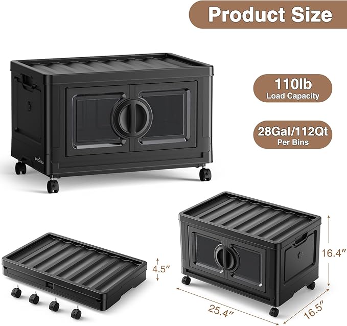 30 Gal Lockable Storage Bins with Lids, Stackable Collapsible Storage Bin with Wheels, Closet Organizers and Storage Drawer, Plastic Cabinet for Toy Clothes Organizer, V9 1 Pack Black