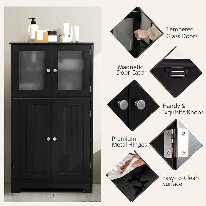 GOFLAME Bathroom Storage Cabinet, Freestanding Storage Cabinet with 4 Doors, Wooden Kitchen Cupboard with Adjustable Shelf, Buffet Sideboard, Multipurpose Home Organizer for Bathroom, Kitchen, Black