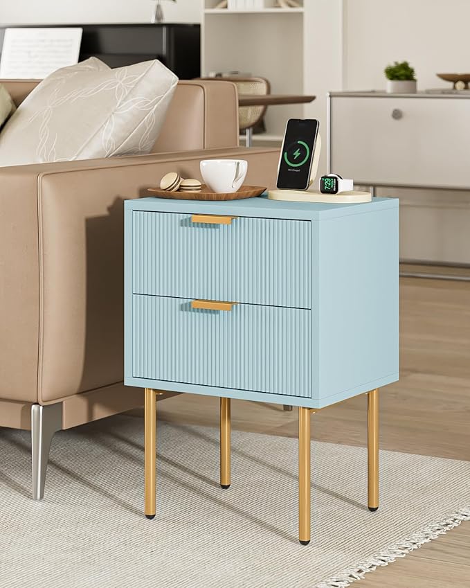 Nightstand,Morden Bedside Table with Gold Frame,Small White Night Stand,End Table,Bedside Furniture,Side Table with Drawer and Shelf for Bedroom,Living Room (2Drawers, Blue)