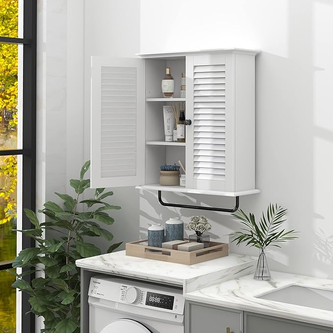 TaoHFE Bathroom Cabinet Wall Mounted White Designer Bathroom Wall Cabinet Medicine Cabinet with Double Shutter Doors 3 Tier Adjustable Shelf with Towel Rack Over The Toilet Storage Cabinet Laundry