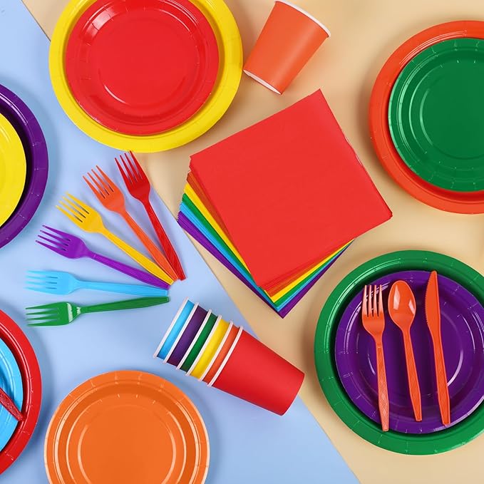 Durony 504-Piece Party Tableware Set - Rainbow Disposable Serves 72 Guests - 7" & 9" Paper Plates, 9oz Cups, Napkins, Plastic Cutlery, Decorations, Neon Supplies