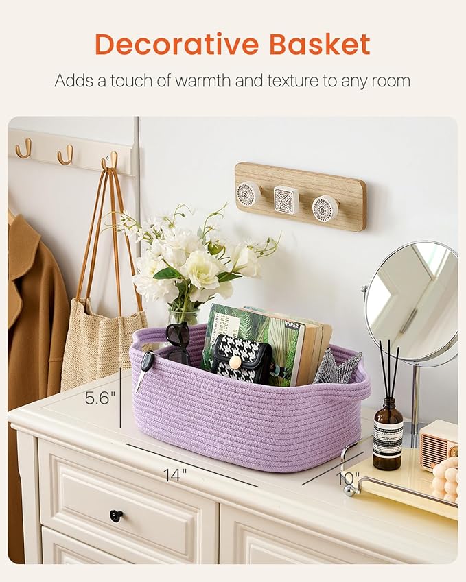 KALLAX Small Woven Basket, 14 x 10 x 5.6 Inches, Small Storage Baskets for Organizing, Gift Baskets Empty, Cute Rope Shelf Closet Storage Bins for Shelves, Dog Toy Basket, Purple