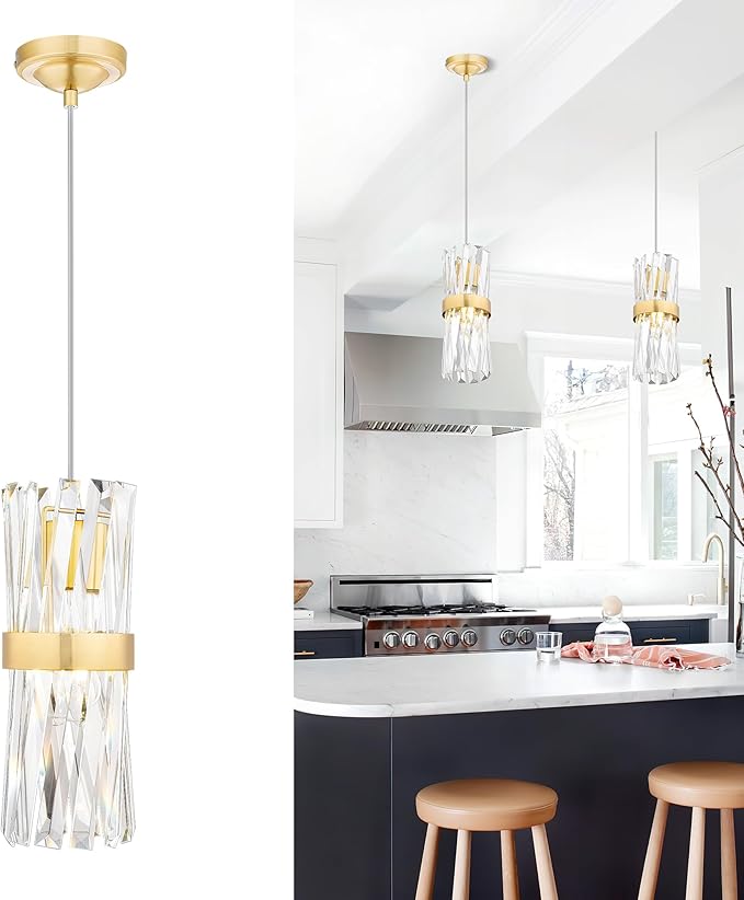 Ken & Ricky Crystal Pendant Lights, Modern Pendant Lights Kitchen Island, Gold Pendant Light for Kitchen Dinning Room Bathroom, Pendant Light with Two Style Options, KR3355-1PK