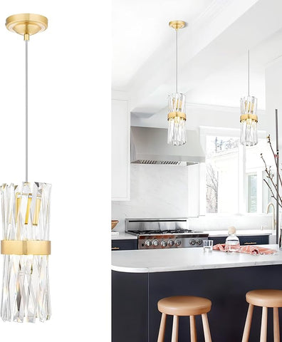 Ken & Ricky Crystal Pendant Lights, Modern Pendant Lights Kitchen Island, Gold Pendant Light for Kitchen Dinning Room Bathroom, Pendant Light with Two Style Options, KR3355-1PK