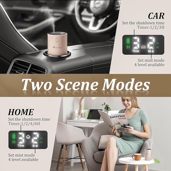 Waterless Diffuser for Essential Oil - Aroma Diffuser for Home with Battery Indicator, Portable Smart Scent Air Machine 1/2/3 & Continuous Mist, Timing & Auto-Off Function (Pink)