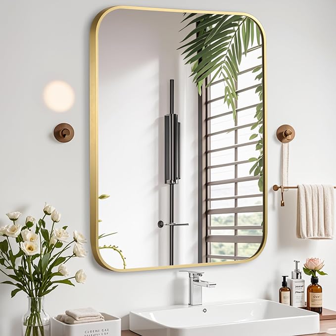 Brushed Gold Mirror, 16"x20" Rectangle Bathroom Mirror, Metal Frame Rectangle Corner Vanity Mirror, Wall Mounted Mirror for Modern, Living Room, Bedroom, Horizontal Or Vertical