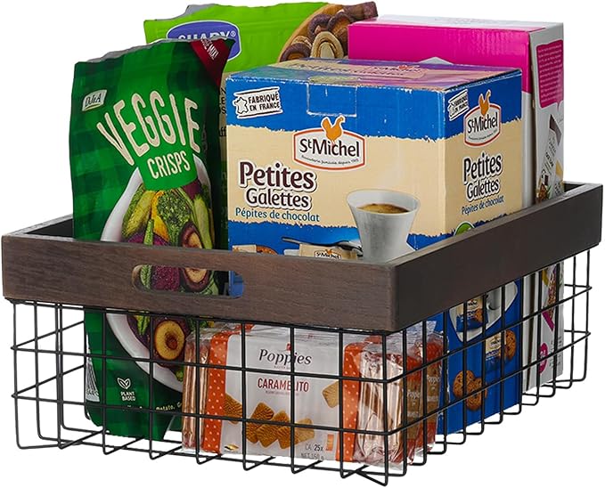 Set of 3 Metal Wire Baskets for Organizing Wood Top with Handles Storage Organizer Farmhouse Decor for Kitchen Cabinets Pantry Laundry Room Bathroom Closets Nesting Countertop Baskets