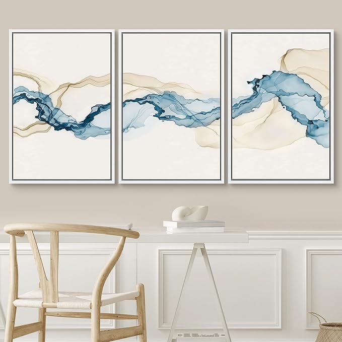 SIGNWIN Framed Canvas Print Wall Art Set Blue Tan Smoke Wave Landscape Abstract Shapes Illustrations Modern Art Decorative Contemporary Colorful for Living Room, Bedroom, Office - 24"x36"x3 White