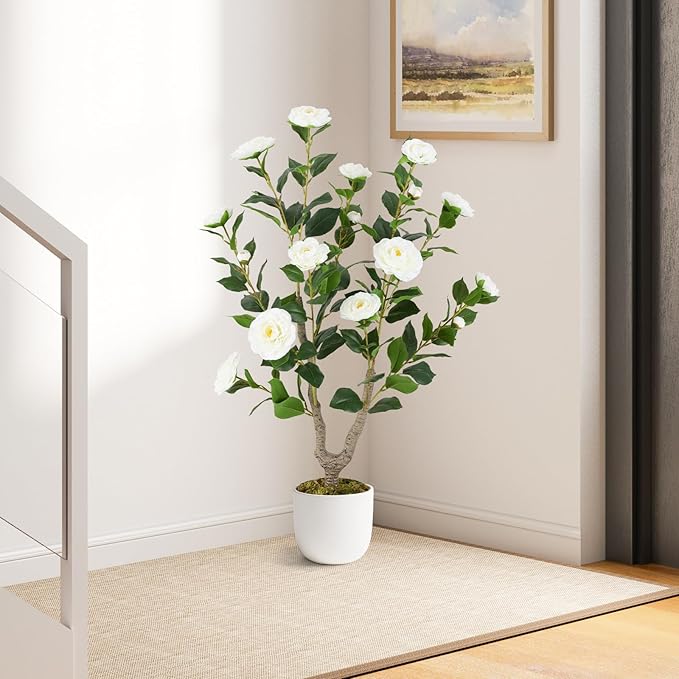 Goplus 36’’ Artificial Camellia Tree, 2 Pack Flower Plants Artificial Tree, Faux Floral Plant Blooming Tree in Nursery Pot, Greenery Potted Plant for Indoor Office Home Porch Decor, White