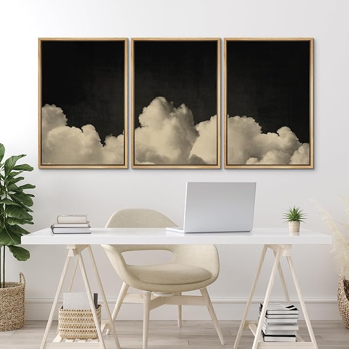 MUDECOR Framed Canvas Print Wall Art Dramatic Cloudscape Black and Beige Sky Illustrations Realism Decorative for Living Room, Bedroom, Office - 24"x36"x3 Natural