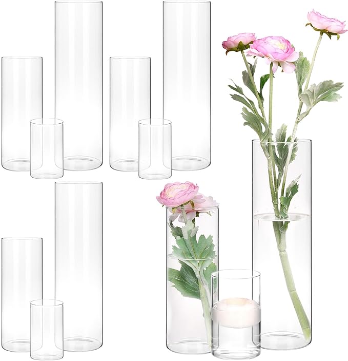 Fixwal 12pcs Clear Glass Cylinder Vases, 4, 8, 12 Inch Tall Cylinder Vases for Centerpieces, Glass Flower Vase Floating Candle Holder Vase for Table Shelf, Party, Wedding, Home Decor
