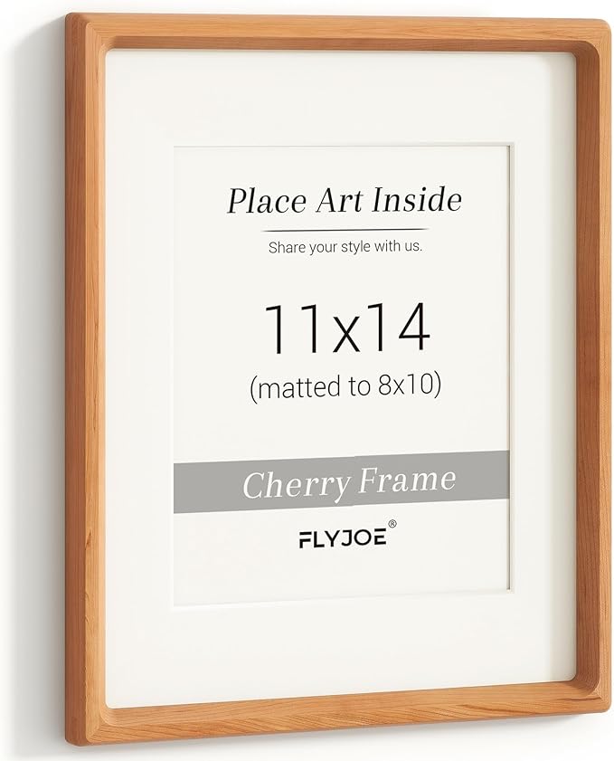 11x14 Picture Frame, USA-Sourced Natural Cherry Wood Photo Frame with Tempered Glass, Handcrafted Rounded Corner 11 x 14 Wooden Frame Matted to 8x10 Photos, Hanging Hooks Included
