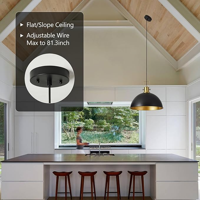 18 Inch Black Farmhouse Pendant Lights for Kitchen Island Industrial Pendant Lighting Adjustable Height Vintage Dome Hanging Light Fixtures for Barn, Dining Room