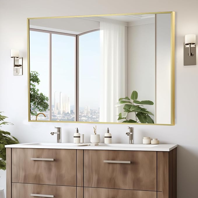 Gold Bathroom Mirror, 16"x24" Rectangle Mirror, Brushed Gold Mirror, Metal Frame Square Corner Vanity Mirror, Wall Mounted Mirror for Modern, Living Room, Bedroom, Horizontal Or Vertical