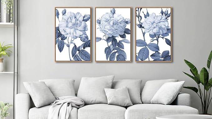 Large Framed Canvas Wall Art - Natural Float Framed Blue Gray Flowers Pictures Decor Rustic Blossom Leaves Botanical Artwork for Living Room Bedroom Kitchen Home Office Decoration 60" X 28" Set of 3