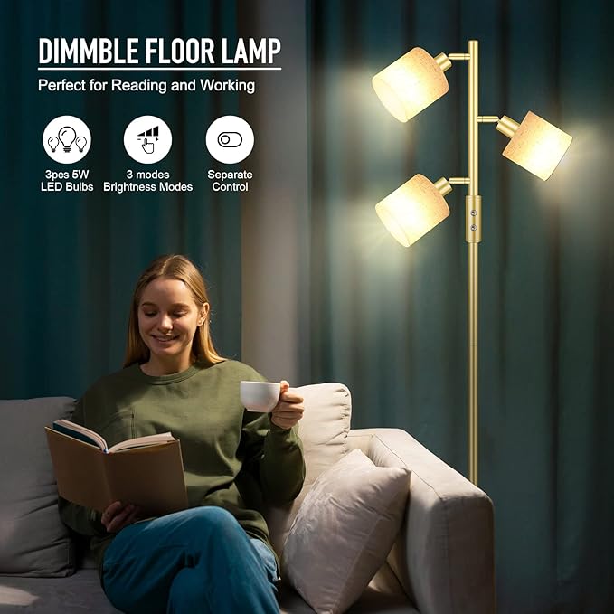 Gold Floor Lamps for Living Room, 3 Color Temperature, 3 Light Tree Standing Lamp, Minimalist Corner Floor Lamp with Lamp Shades Modern Pole Lamp for Bedroom Office Kids Room, Reading (5W LED Bulbs)