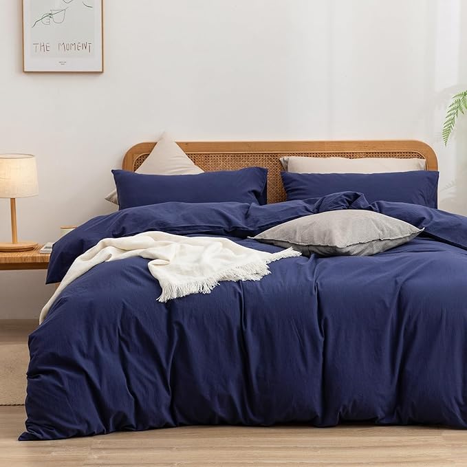 BESTOUCH Duvet Cover Set 100% Washed Cotton Linen Feel Super Soft Comfortable Chic Lightweight 3 PCs Home Bedding Set Solid Navy Blue Super King Plus